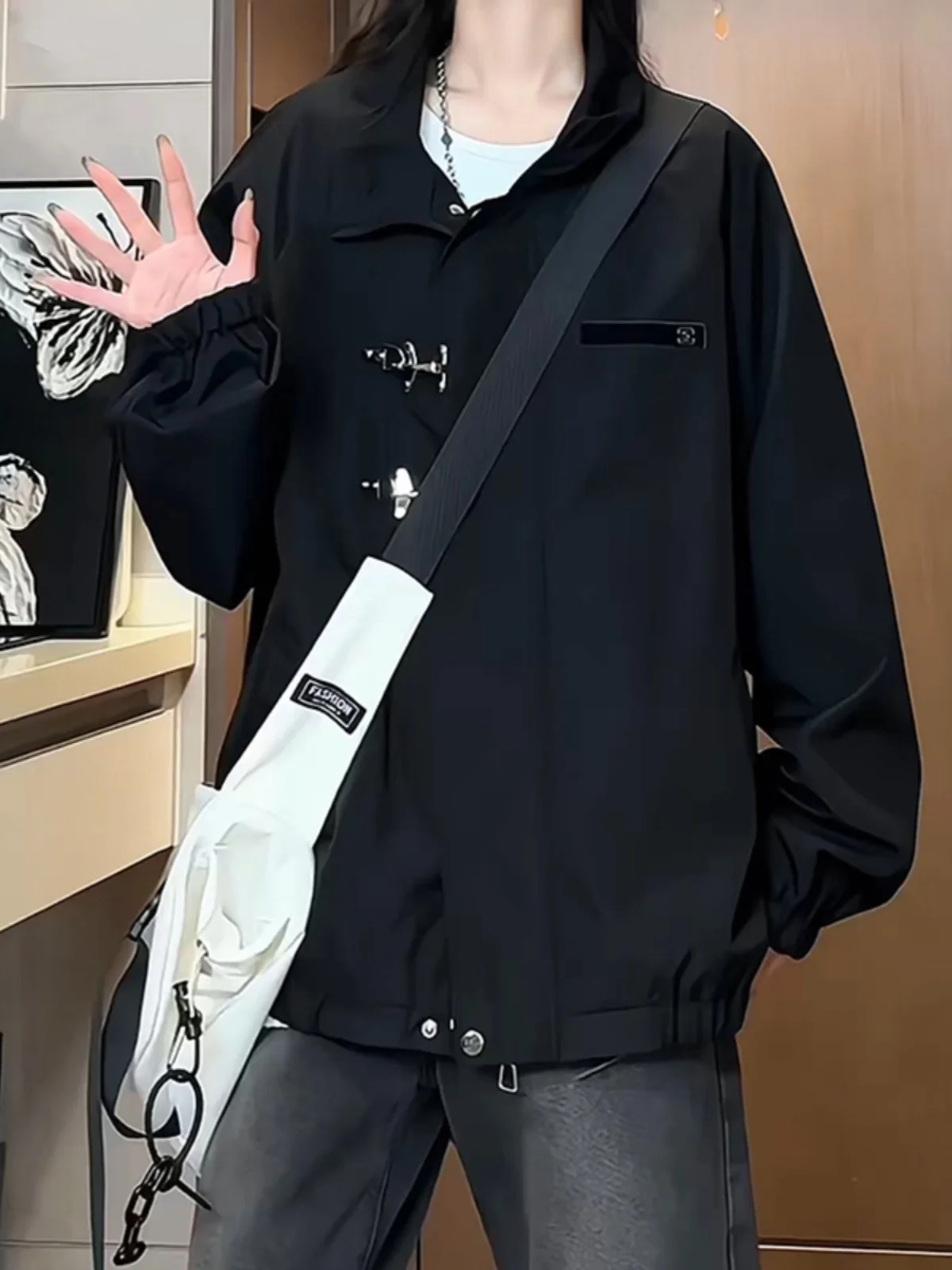 

New Chinese Sle Men's ort Oversize Bla Pilot Jaet Set Autumn Faion Casual Loose Fit Polyester Nylon Cosite Fiber