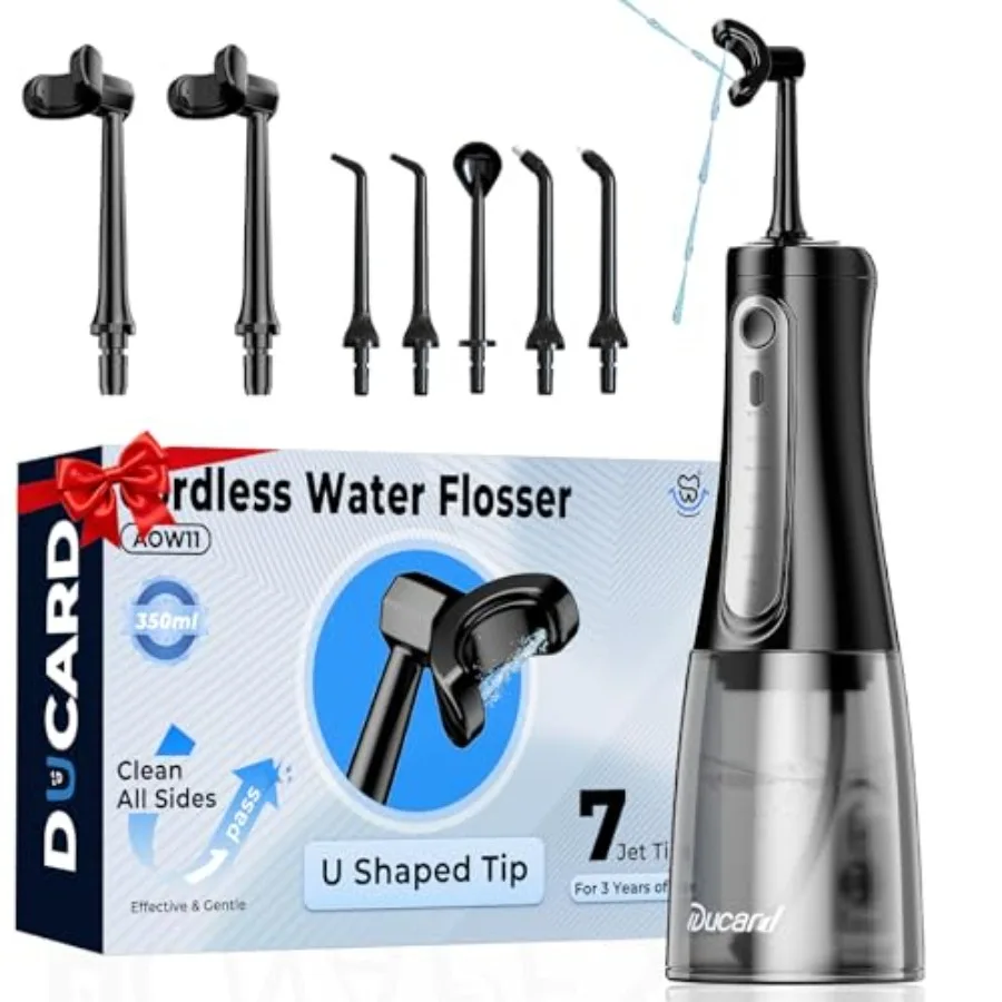 Cordless Water Flosser for home use, ABS plastic, white, 350ML tank with U-shaped nozzle and 7 jet tips