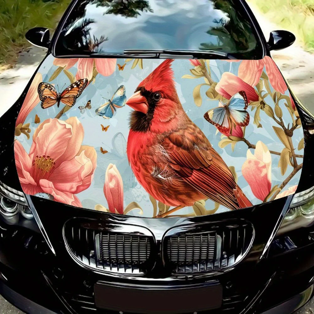 

The red bird inhabits the branches Car Hood Vinyl Wraps Sticker, Car Engine Decal, Waterproof Self-adhesive Car Packaging Cover,