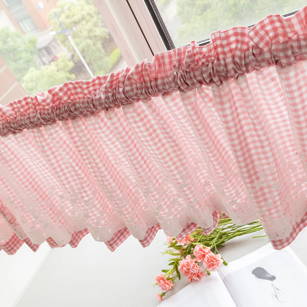 1 Piece, Pastoral Style Small Curtain, Short Curtain, Half Curtain Decoration, Plaid with Lace Tulle, Rod Pocket Installation, Suitable for Small