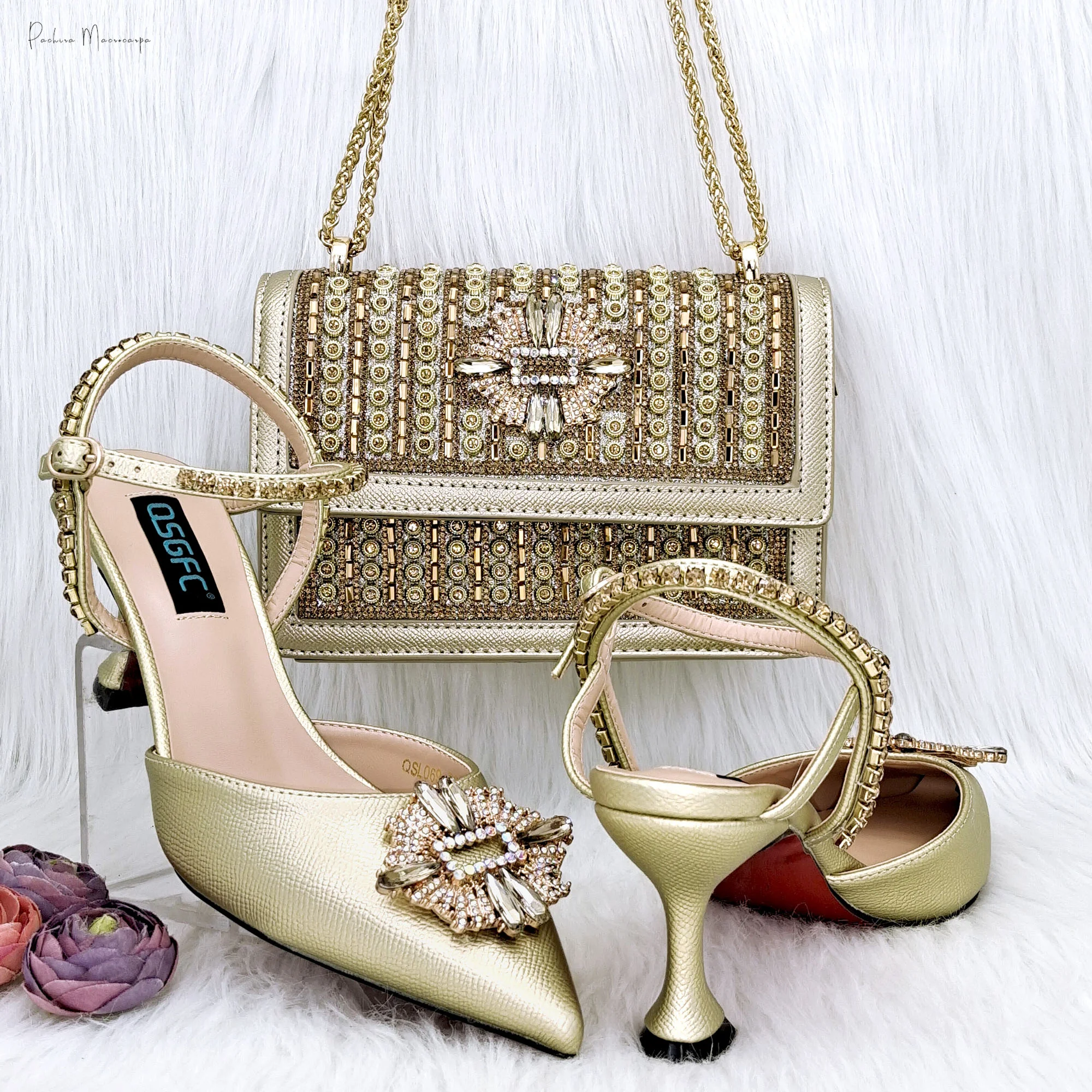 

PM Shoes And Bag!Luxury High-End Bag Metal Chain Adjustable Shoulder Strap With Exquisite High-Heeled Pointed Shoes