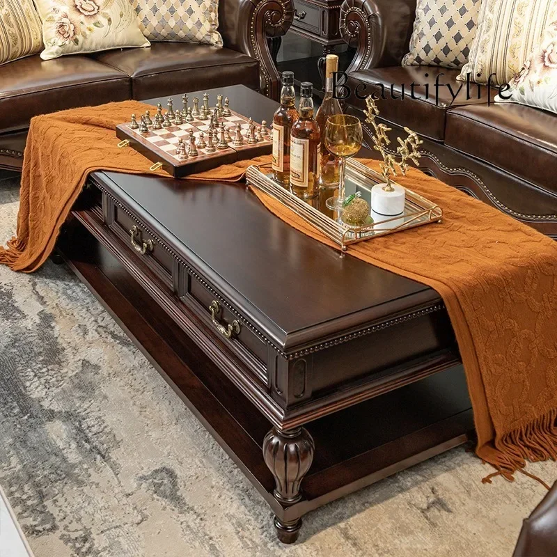 طاولة قهوة من الخشب الصلب الأمريكي من QQ، تخزين مستطيل من خشب الجوز، طاولة شاي متكاملة، فيلا فاخرة