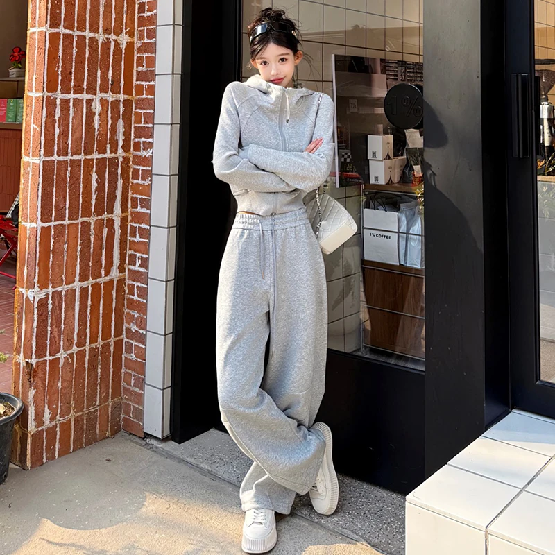 

Autumn Winter Knit Zipper Hooded Coat Suit for Women Tracksuit Solid Color Elastic Trousers Suits Knitted Two Piece Set
