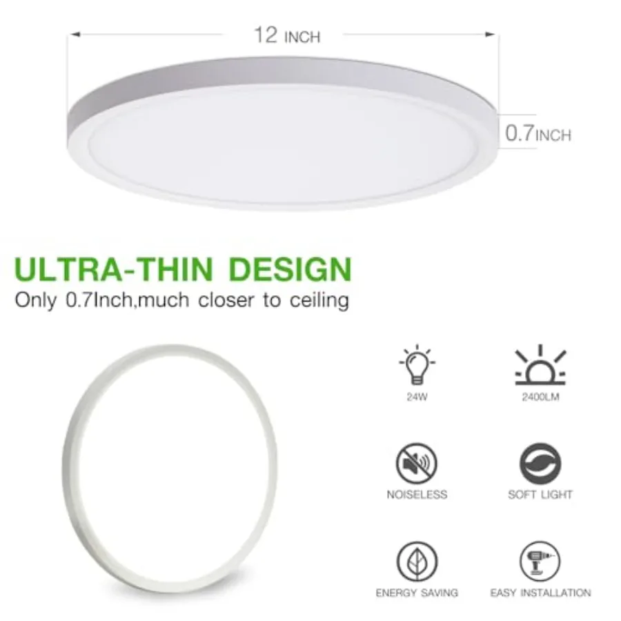 6Pack 12Inch LED Flush Mount Ceiling Light Fixture, 24W 2400LM, Dimmable CCT 3000K/4000K/5000K, Round Flat Panel Light for Bedr