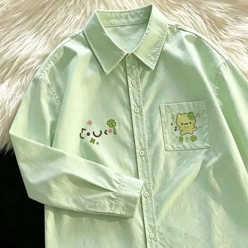Cute Four-leaf Clover Cartoon Print Loose Preppy Style All Match Fresh Light Green Long-sleeved Shirt for Women Camisas De Mujer