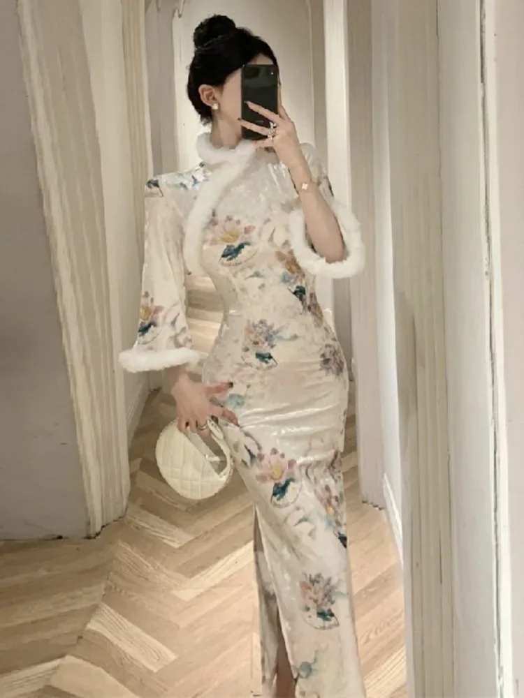 Topanoma Temperament Evening Dresses Women Vintage Floral Furry Patchwork Cocktail Wedding Party Performance Elegant Ladies