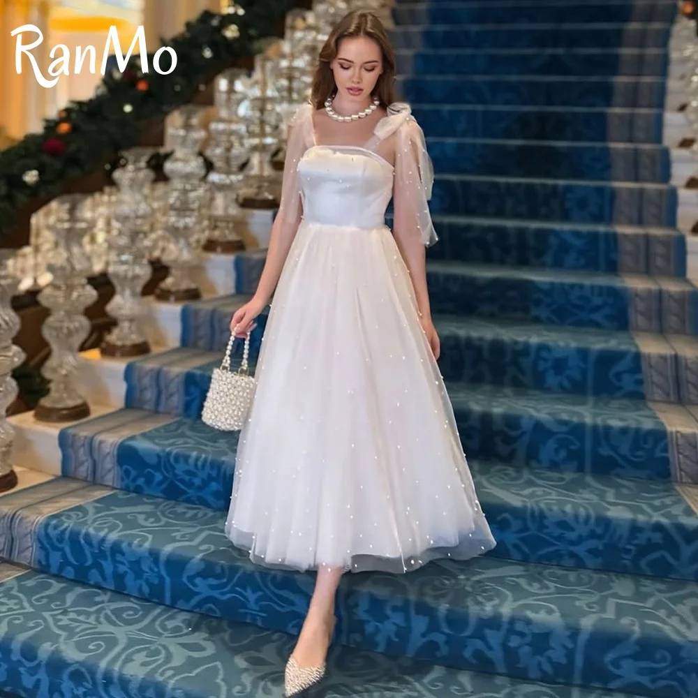 

Ranmo 2025 Chic White Satin Tulle Wedding Dress A Line Knee Length With Sheer Overlay Bridal Party Dress Customized Plus Size