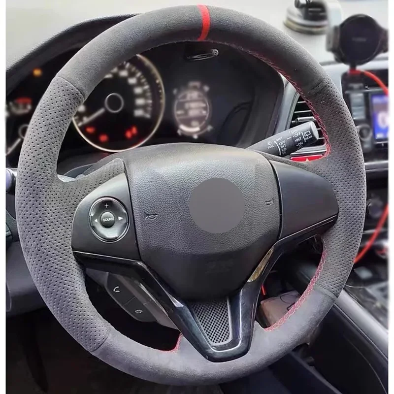 

Dark Grey Alcantara with Red Stripe and Red Thread Full Wrap Hand Stitching Car Steering Wheel Cover for Honda XRV XR-V Vezel