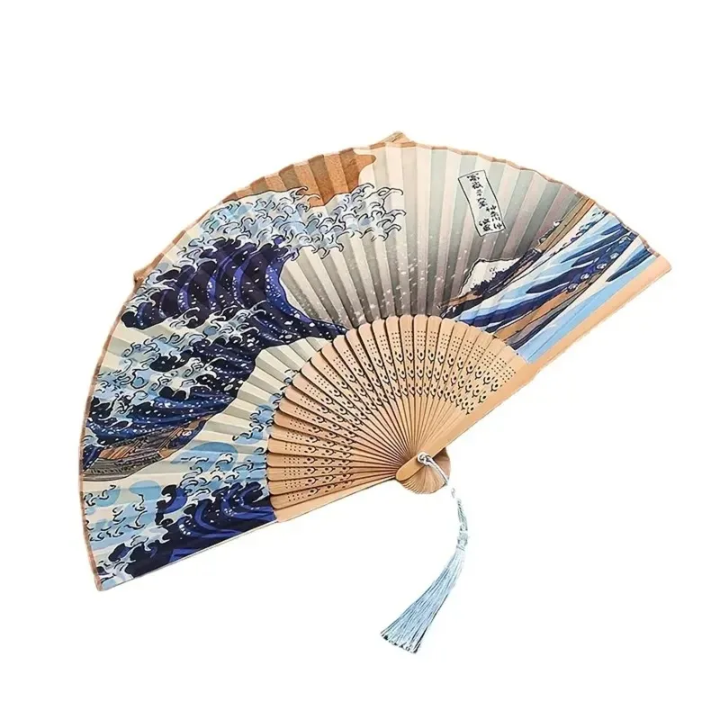 1pcs Fashion Ukiyo-e Wave Folding Fan Bamboo Frame Silk-like Fabric Handheld Vintage Art Fan with Tassel for Summer Dance Gift