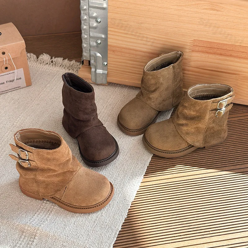 

Модные теплые нескользящие полусапожки для девочек, зима 202, детские универсальные плюшевые удобные массивные хлопковые сапоги с пряжкой в стиле ретро