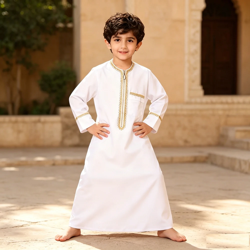 

Arab Traditional White Thobe For Boys Ramadan Eid Muslim Kids Jubba Modest Loose Daily Wear Robe Prayer Djellaba Clothing Arab