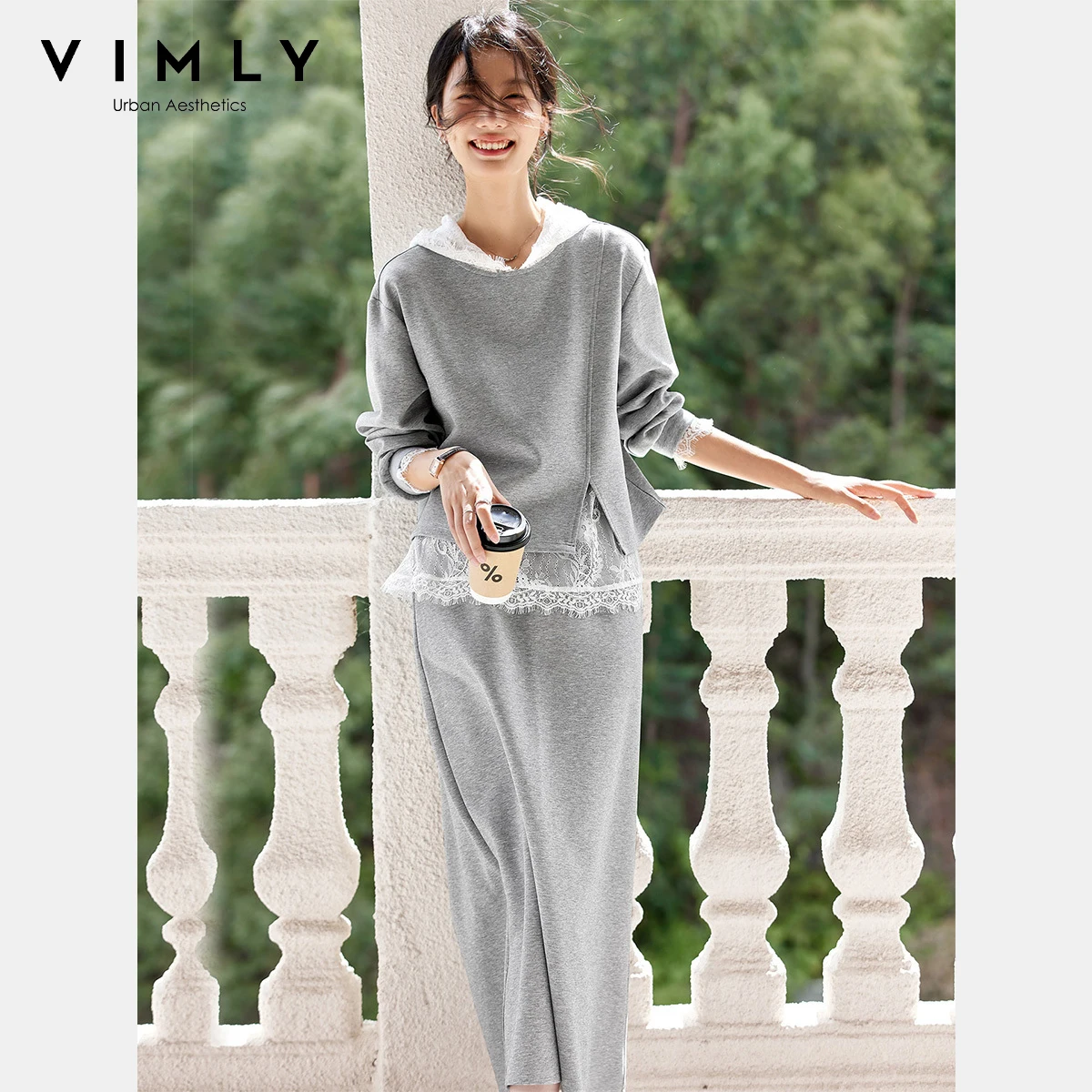 

VIMLY Long Skirt Outfit Sporty Suits Grey Lace Spliced Hooded Tops Straight Midi Skirts 2025 Autumn Elegant Ladies Sets A2020