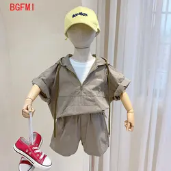 Summer Kids Clothes Korean Children's Clothing Baby Boy Suit Short-sleeved Fake Two-piece Hoodie + Shorts 2 Pcs Set 2-9 Years