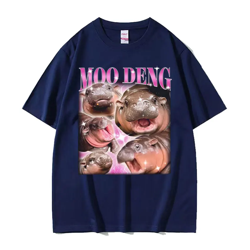 Cute Moo Deng Baby Hippo Funny Meme T Shirts Men Women Casual Cotton Short Sleeve T-shirt Vintage Hip Hop Streetwear Tshirt Tops