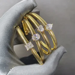 Heart Square Oval Water Drop of Geometric Stones CZ Cuff Bracelet Adjust Bangle for Women with Gold Plated Color Fashion Jewelry