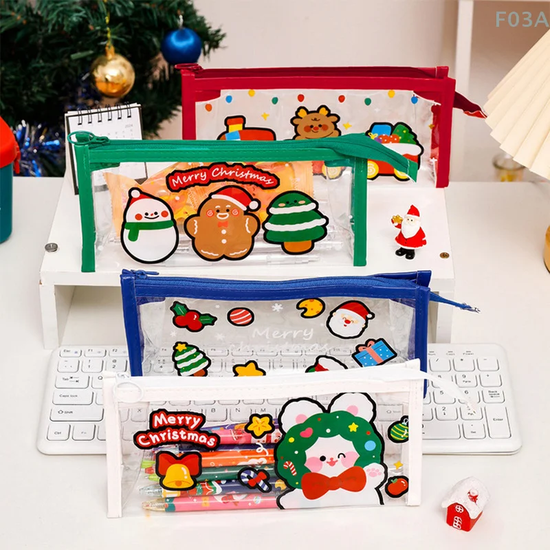 Cute Christmas PVC Pen Case Storage Stationery Bag Pencil Box Transparent Large Capacity Pencil Case Kids Christmas Gift