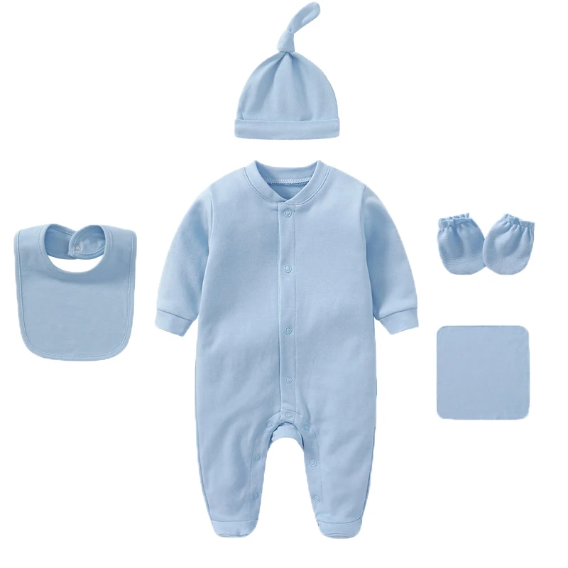 

Unisex Baby Clothing Set with Jumpsuit Hat Bib Gloves Towel 5-Piece Solid Color Cotton Collection for Newborns to 6 Months