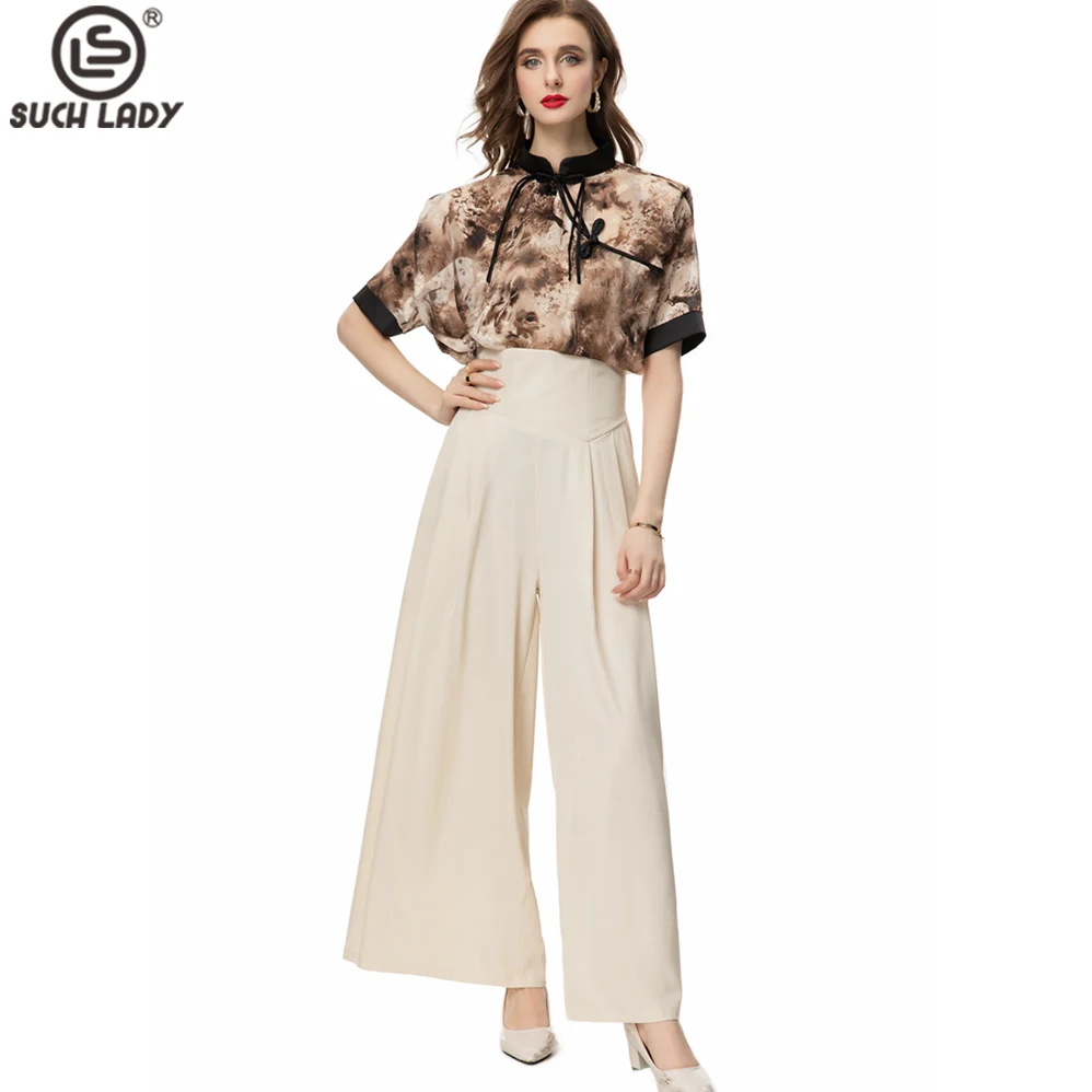 

Women's Two Piece Pants Sets Stand Collar Short Sleeves Printed Blouse with Empire Waist Wide Leg Long Pants Twinset