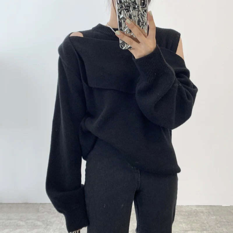 Women\'s Grey Gothic Pullover Knitted Sweater Harajuku Korean 90s Y2k Long Sleeves Jumper Striped Sweaters Vintage 2000s Clothes