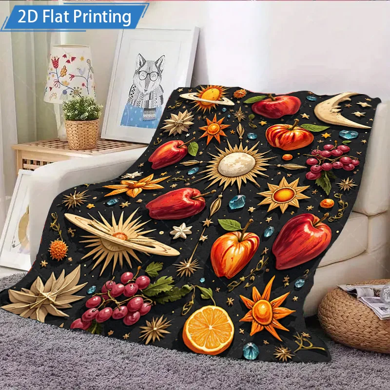 ผ้าห่มฟลานเนลลายผลไม้จักรวาล 1 ผืน ผ้าห่มขนแกะพิมพ์ลาย 2 มิติ ลายแอปเปิ้ลและดวงจันทร์ นุ่มสบาย เหมาะสำหรับเตียงหรือโซฟา