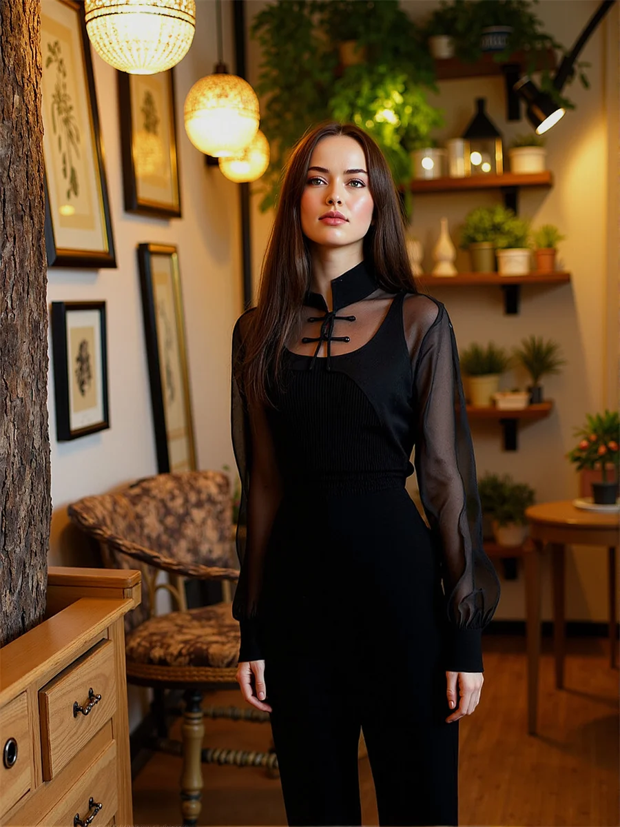 Camicia da donna a maniche lunghe da donna Camicette basic semplici da ufficio con pannello frontale pieghettato nero Design elegante da donna