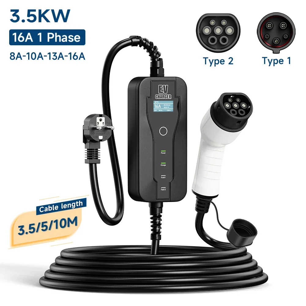 16A 3.5KW Przenośna ładowarka EV Type2 IEC62196-2 EVSE Fast Charging Box Type1 SAEJ1772 EU Plug Controller Wallbox do samochodu elektrycznego