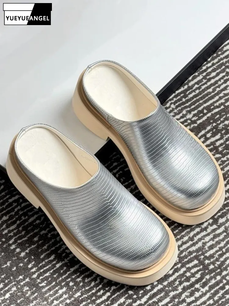Mens Slippers Thick Fashion Footwear Leisure Cowhide Slip On Lizard Pattern Silvery Solid Color Comfortable Handmade Shoes Hot