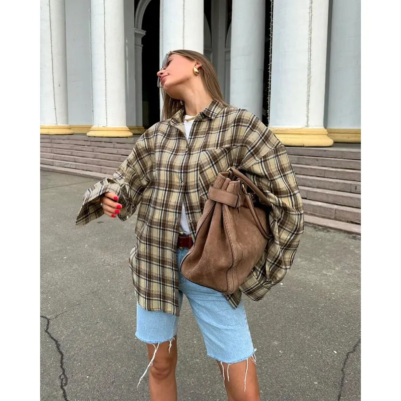 

Women's Casual Loose Long Sleeve Plaid Shirt Stand Collar Vintage Style Comfortable Fit Ladies' Fashion Shirt