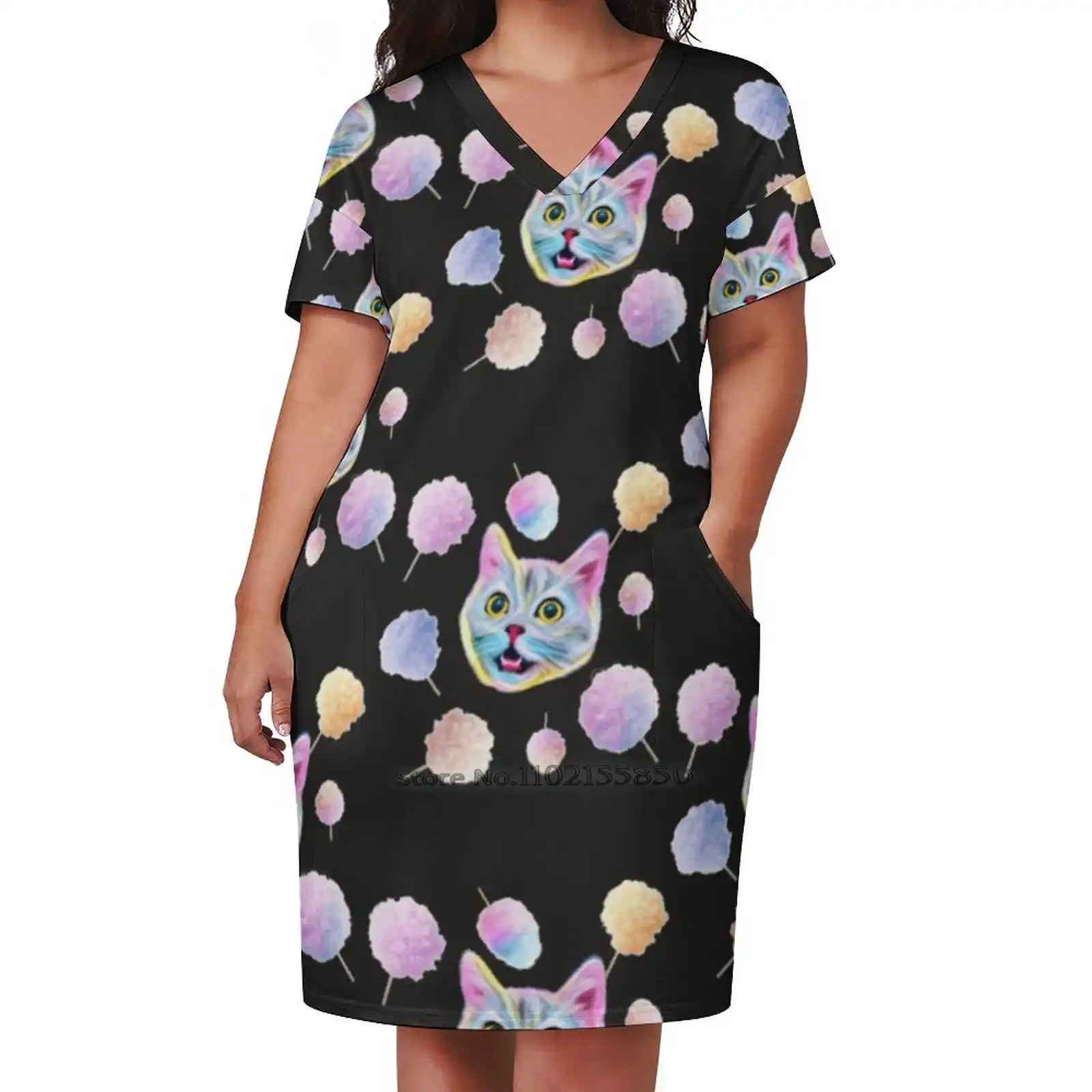 Cat And Cotton Candy Loose Pocket Dress Print Short Sleeve Dresses V-Neck Dress 5Xl Cat Cat Sweater Kittens Cotton Candy Kawai