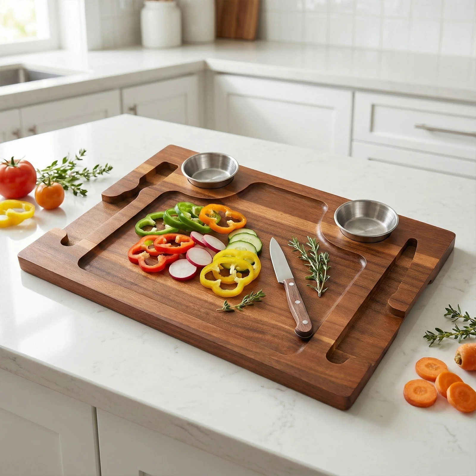 

Acacia Wood Serving Plate with Grooves Carved Meat Wooden Plate with 2 Sauce Cups for Meat Sausages Cheese
