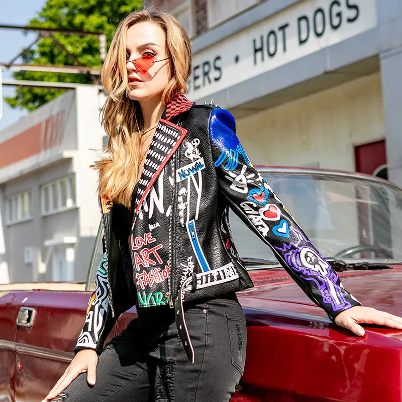 Fashion Brand Coat Print Graffiti Rivets Punk Coats  PU Leather Jacket Women Leopard Slim Locomotive Cropped Jacket Leather Top