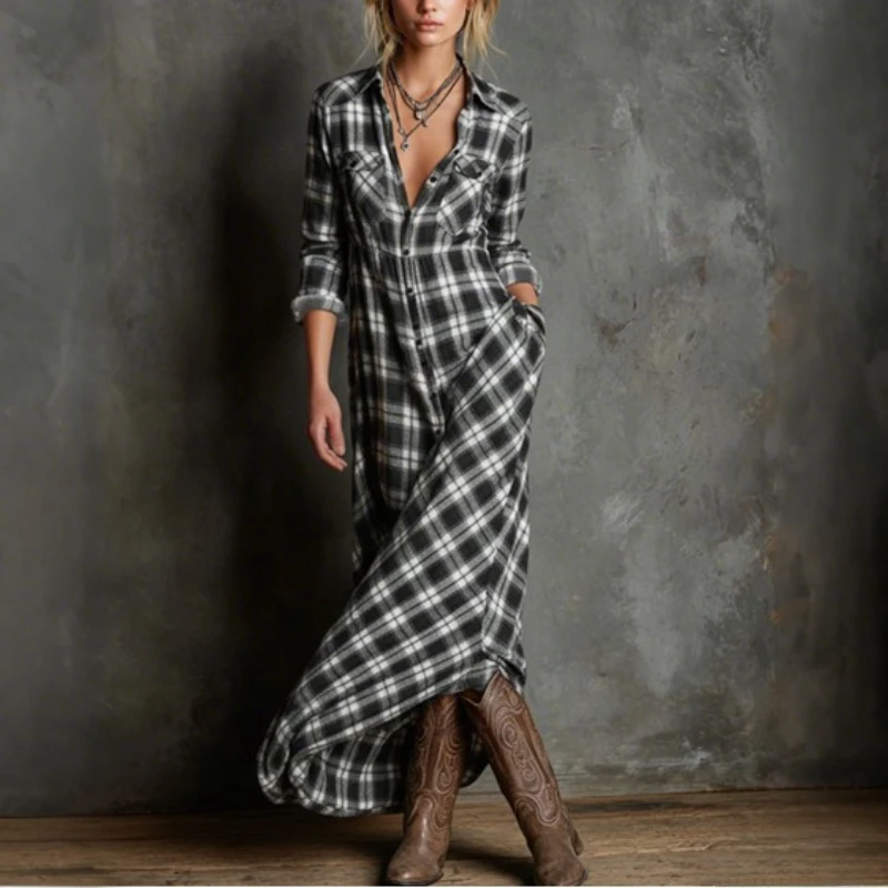 Krismile Damska Sukienka Maxi w Stylu Vintage 2026 Retro Casual Codzienna Klasyczna Krata Modna Sukienka z Długim Rękawem Jesień Zima