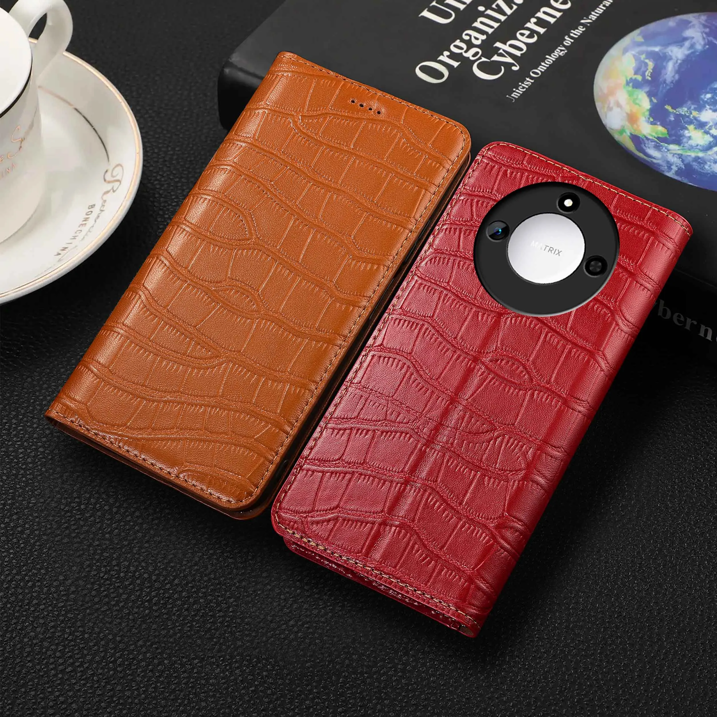 

For Honor X30 X30i X40 X40i X50 X50i X60 X60i X70 X70i Pro Plus GT Max Crocodile Belly Pattern Genuine Leather Flip Phone Case