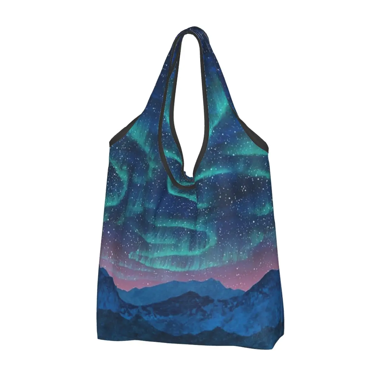 Aurora Borealis Over Mountain Portable Tote Shopping Bags Reusable Shopper Bag Grocery Handbag Shoulder Bag