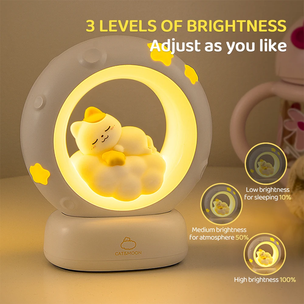 Cute Cat Night Light Cartoon Creative Atmosphere Decoration Ornaments for Children\'s Room Bedside Charging Soft LED Lights Gift