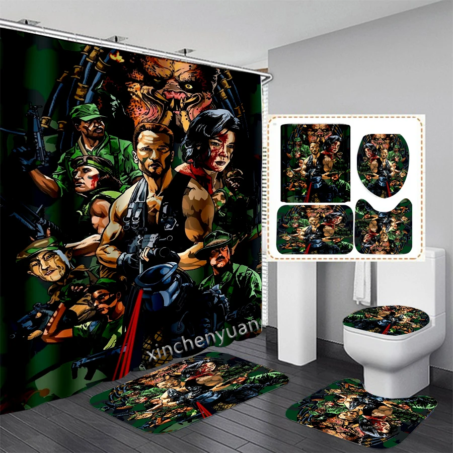 phechion Movies Predator 3D Print Waterproof Bathroom Shower Curtain Toilet Cover Mat Non-Slip Floor Mat (1/3/4Pcs) W56