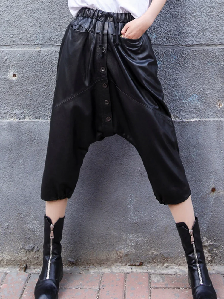 Spring New High Quality Genuine Real Leather Pants Women's Sheepskin Cropped Loose Baggy