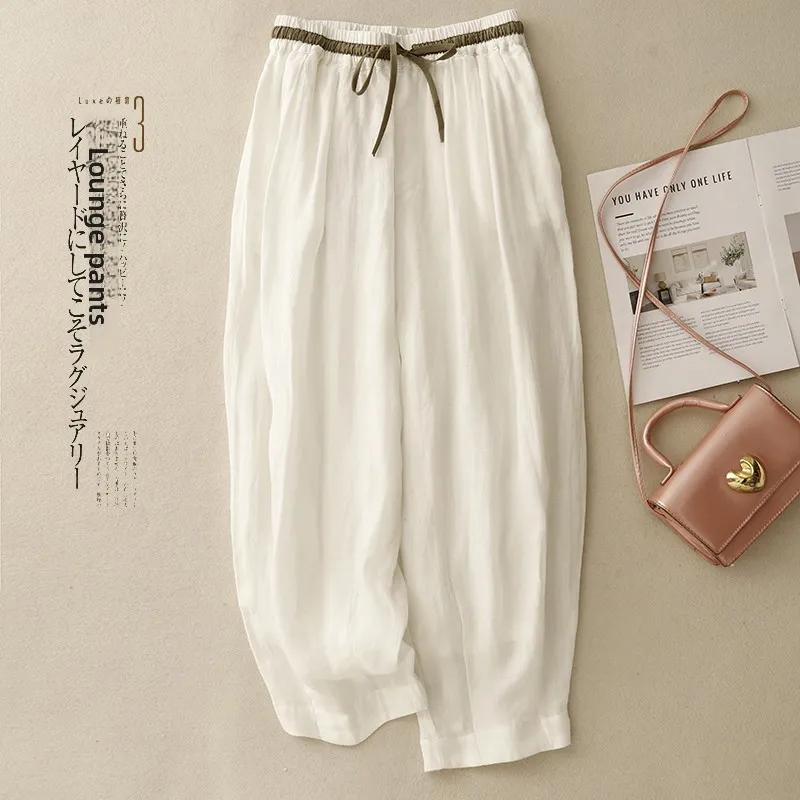 Zomer dunne Harlan damesbroek losse katoenen linnen cargobroek wijde pijpen casual broek dubbellaagse lantaarnbroek