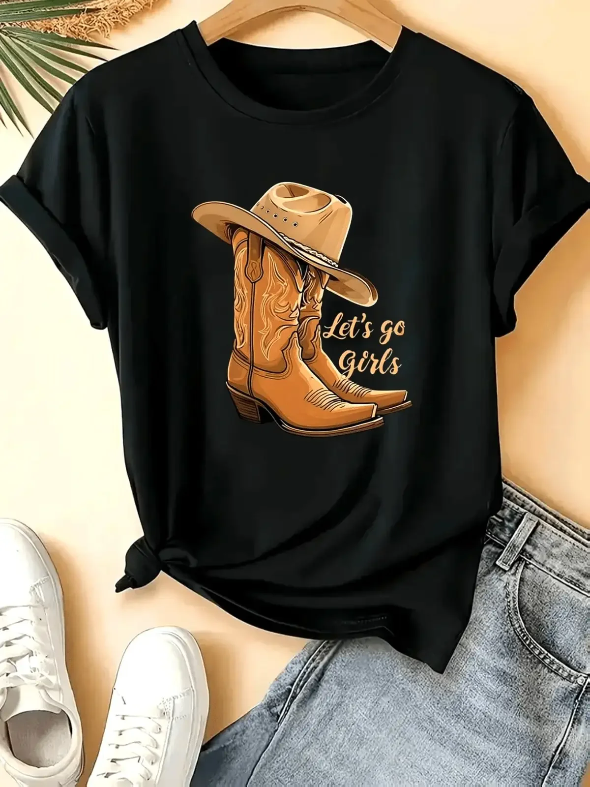 Women's Cowboy Boots & Hat Monogram Print T-Shirt - Western Style Short Sleeve Top Suitable For Spring Summer Fall Casual Wear, Cowboy-Themed Events & Daily Outfits - Non- Round Neck Blouse For Women,Breathable And Comfortable Short-Sleeved Round-Neck Top
