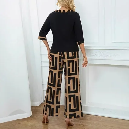 أزياء مريحة أعلى السراويل واسعة الساق دعوى السراويل للنساء الأوروبية الأمريكية متاهة نمط هندسي ألوان متباينة #4