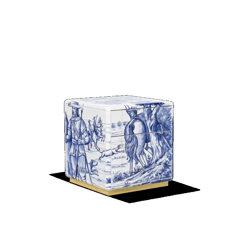 

Прикроватная тумбочка из плитки с ручной росписью. Современная мебель для спальни. Латунная основа. Угловая прикроватная тумбочка с двумя ящиками.