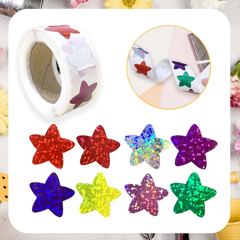 Heart Star Glitter Self Adhesive Behavior Sticker Children Reward Labels Colorful Five Pointed Star And Love Sticker Roll