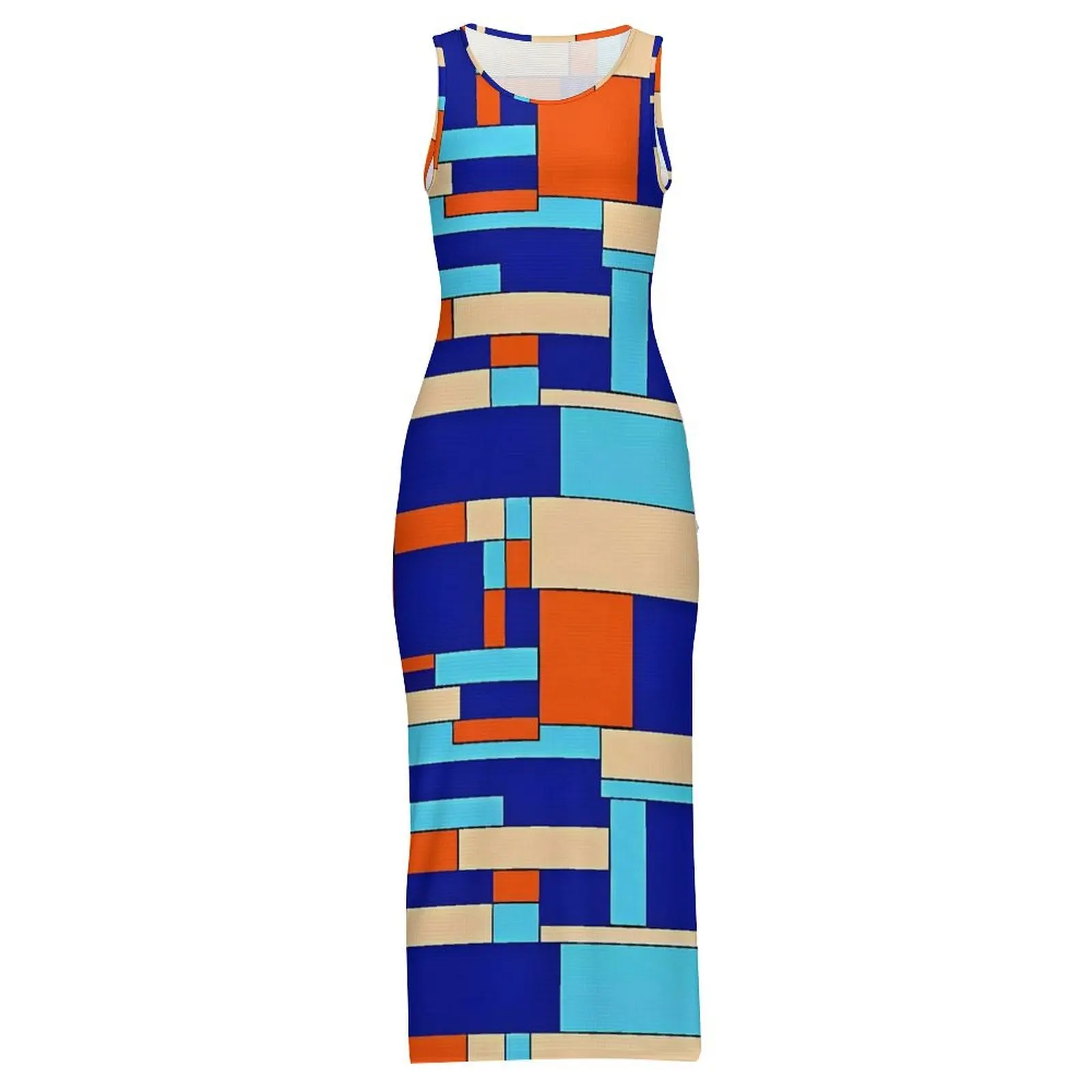 Women Bodycon Dress Vintage Contrast Color Maxi Dresses Summer Blue Cream and Orange Sleeveless Korean Fashion Design Dress