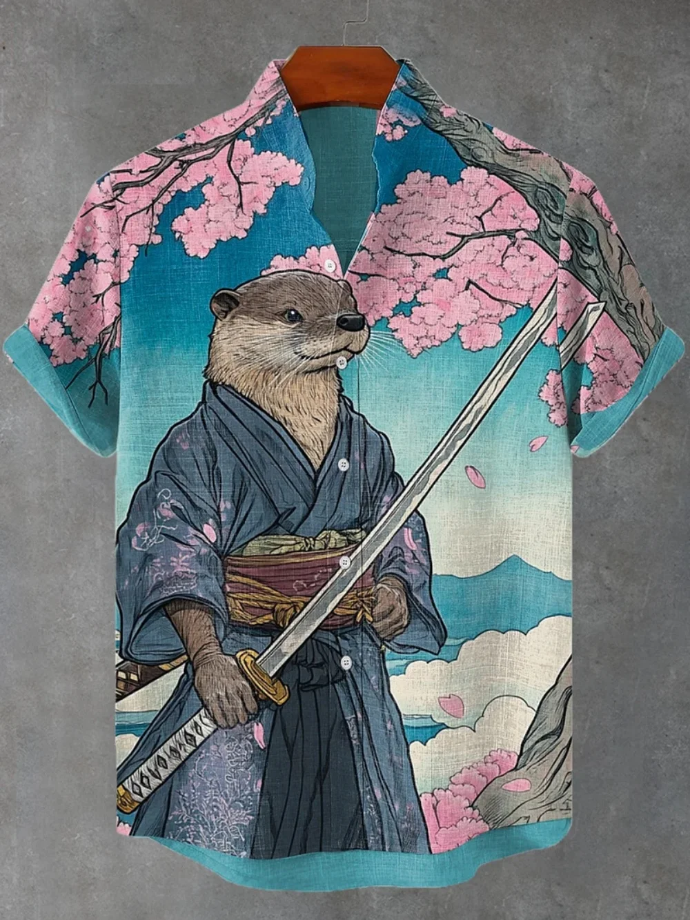 

Men's plus Size Cartoon Printed Shirt Fashionable Stand-up Collar Short-Sleeved Linen Outfit for Outdoor High-Quality