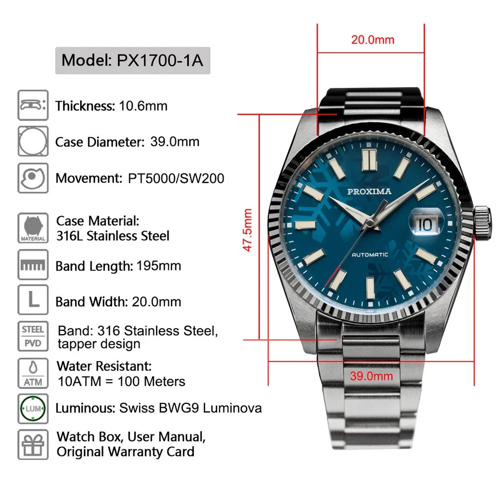 PX1700-1A Men\'s Watches 39mm Luxury Dress Watch For Men Automatic Flat Sapphire PT5000 SW200 Convex Mirror Wristwatch 2023 New