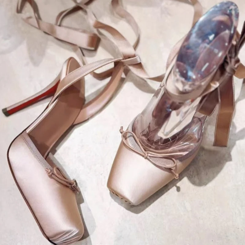 

New Spring and Summer Ballet High-heeled Sandals Women's Satin Bow Strap Stiletto Mary Jane Women's Shoes