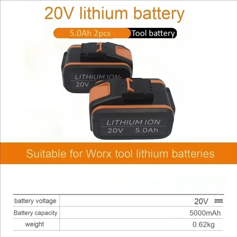 5,0 Ah -12,0 Ah 20 V lithium-ion oplaadbare batterij, compatibel met Worx-gereedschap als een 20 V-vervangende batterij