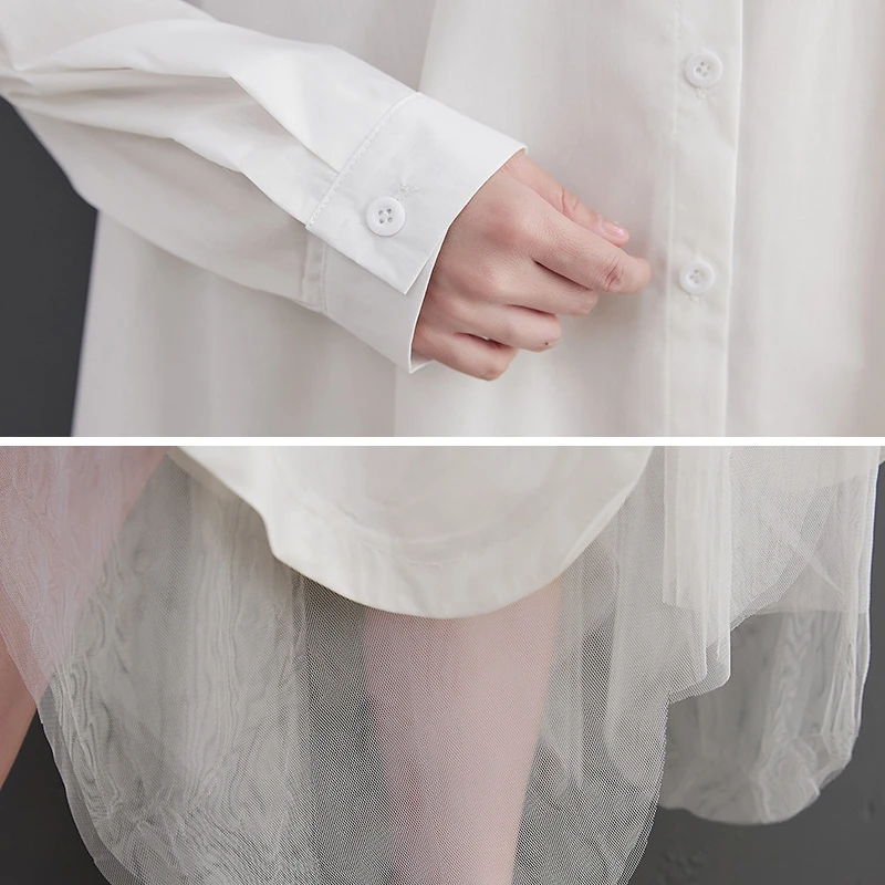 Versão coreana tamanho grande solto falso duas peças vestido feminino novo grande balanço irregular emenda dupla camada gaze camisa vestido