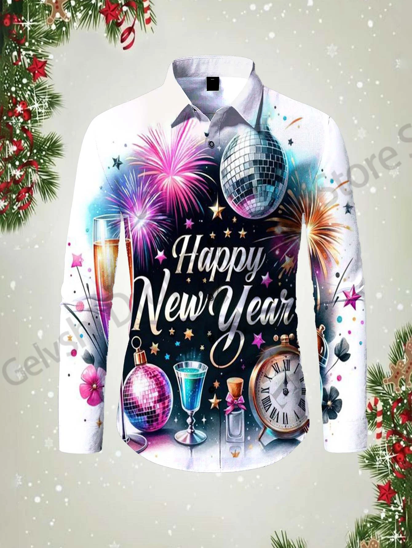 2025 Happy New Year Pattern Print Shirt For Men Long Sleeve Hawaiian Shirt Men Women Fashion Party Christmas Shirts Men Blouse