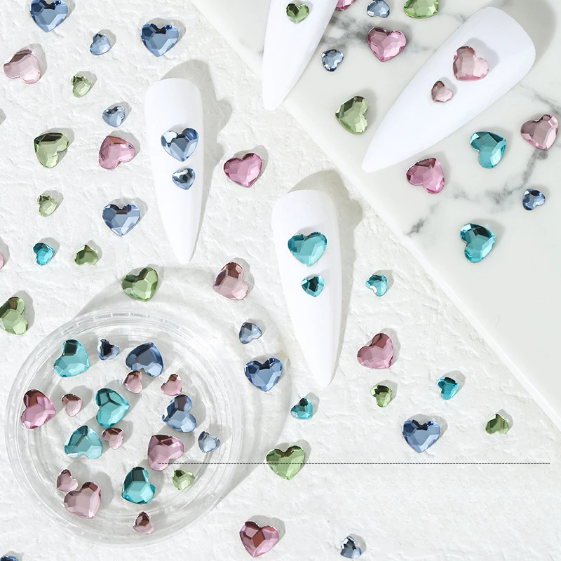 50Pcs Sparkling Rhinestones Love Heart Nail Art Decorations with Flat Bottom and Multiple Facets Various Colors